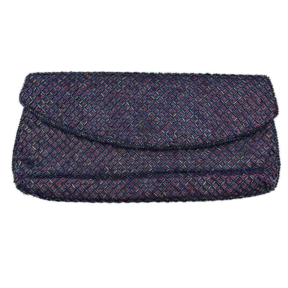 1960s Bags by Josef Plum Satin Silk Hand-Beaded Iridescent Glass Lattice Clutch